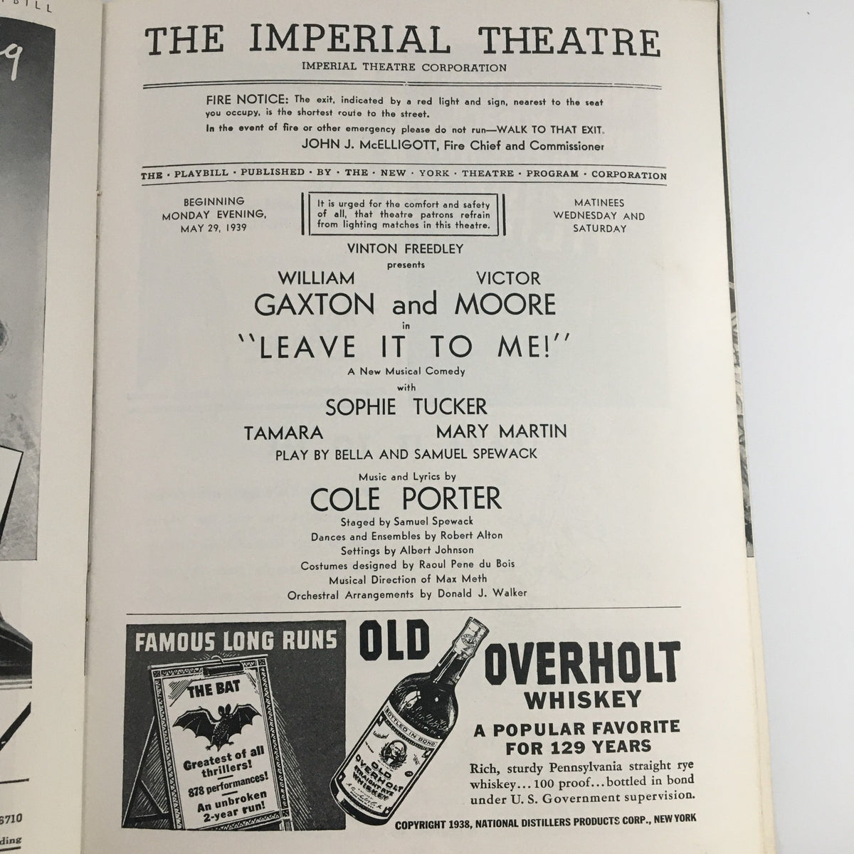 Inside page of the 1939 Playbill for 'Leave It To Me' at The Imperial Theatre detailing the cast, including William Gaxton and Victor Moore.