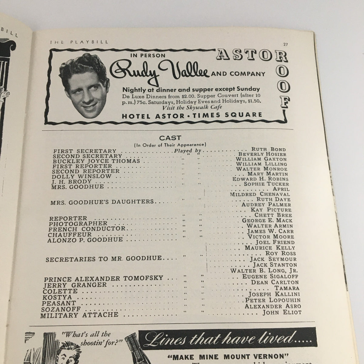 Another inside page of the 1939 Playbill for 'Leave It To Me' at The Imperial Theatre, showcasing the cast list and additional production notes.