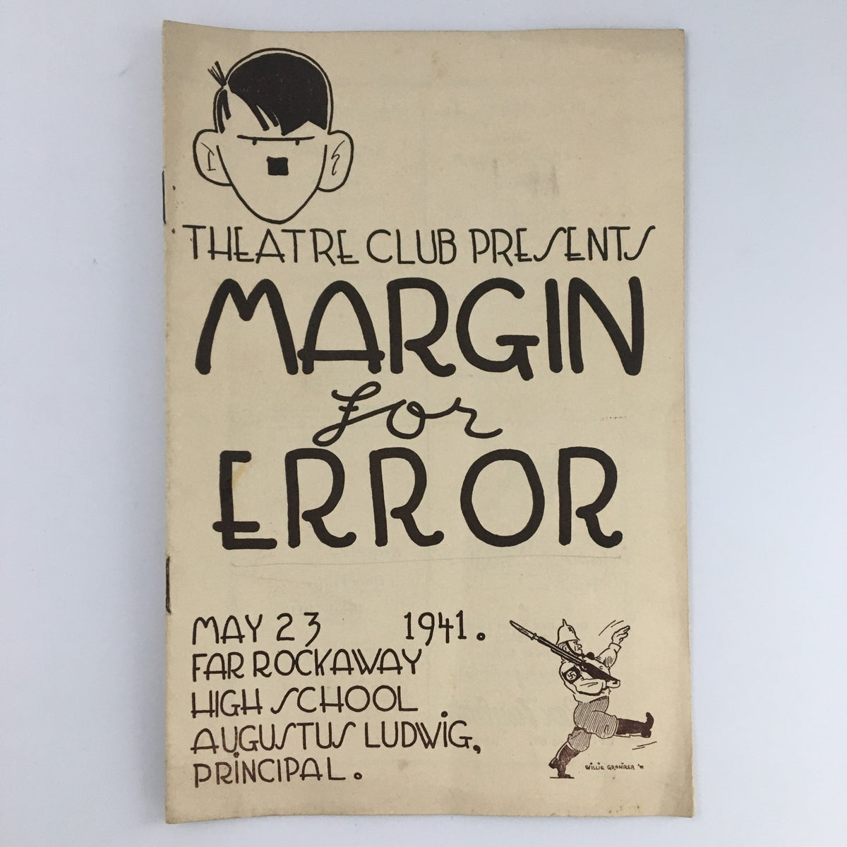 1941 Far Rockaway High School play 'Margin for Error' program cover featuring stylized title and illustrations. The program is for a performance at Far Rockaway High School, presented by the Theatre Club on May 23, 1941, under Principal Augustus Ludwig.