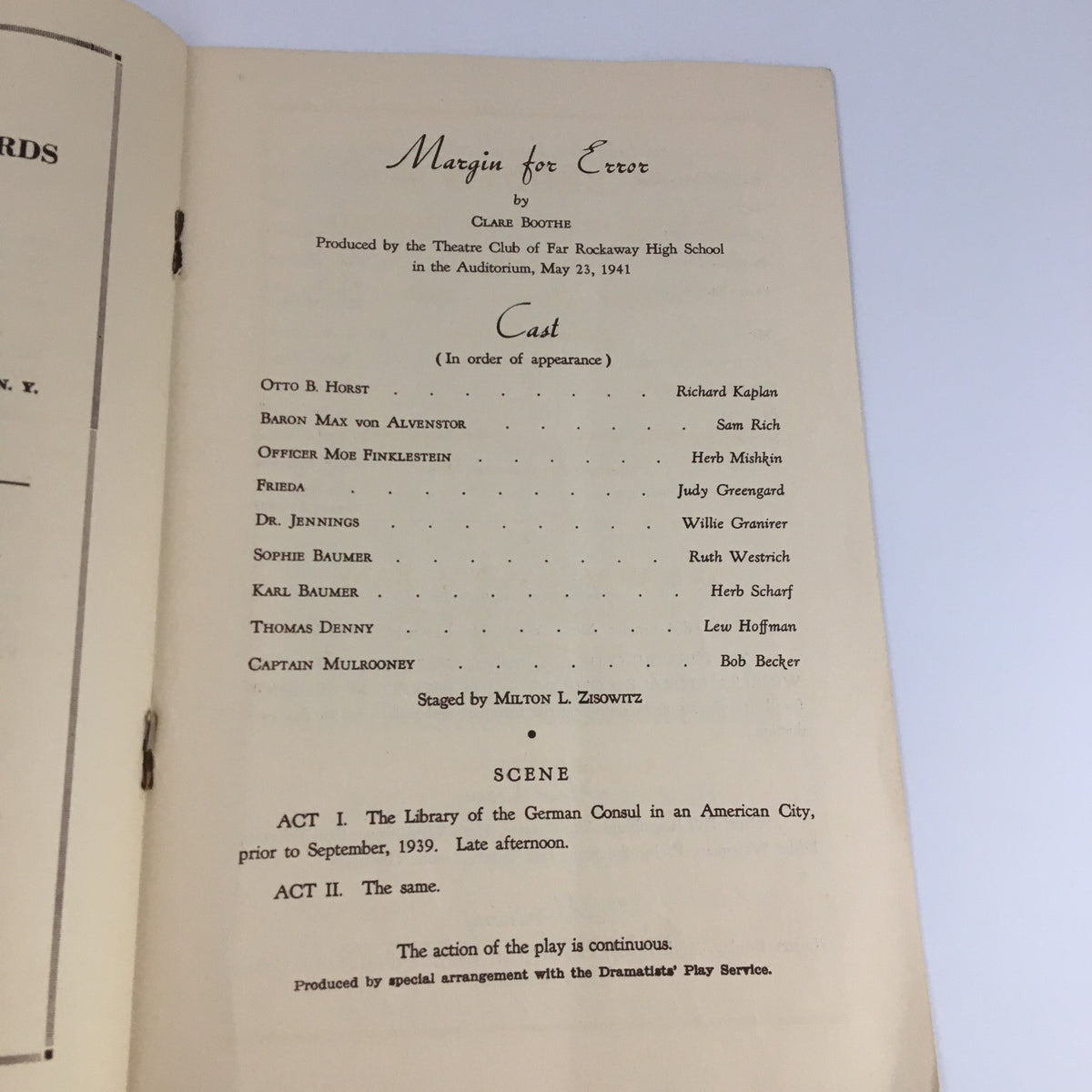 1941 Far Rock Away High School Play 'Margin for Error' program listing the cast order and details about the play written by Clare Boothe.