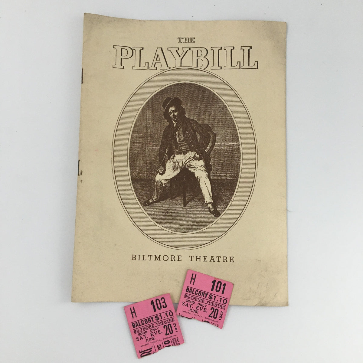 1942 Playbill Biltmore Theatre 'My Sister Eileen' featuring an artistic cover design and two original tickets.