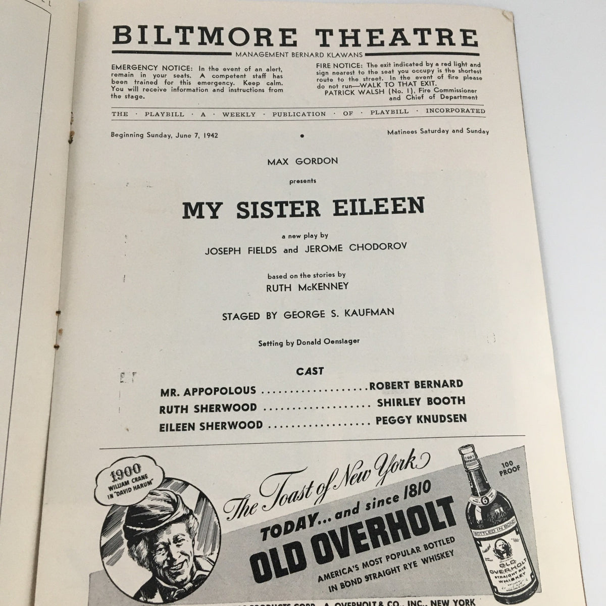 Interior page of the 1942 Playbill Biltmore Theatre 'My Sister Eileen' showcasing the cast and production details.
