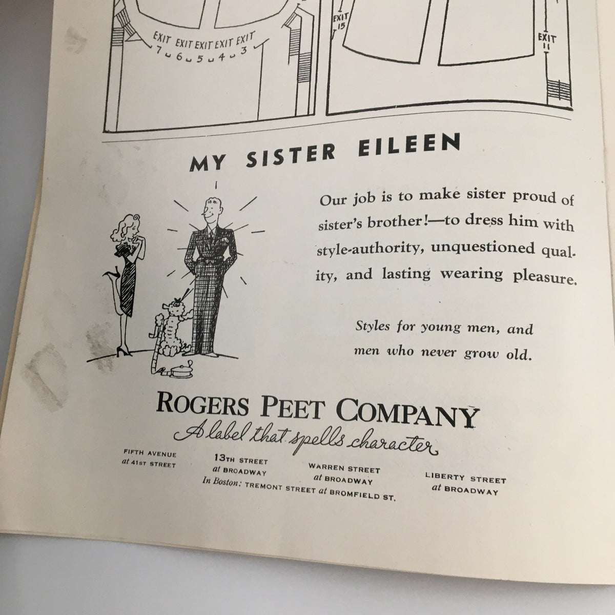 Advertorial page from the 1942 Playbill Biltmore Theatre 'My Sister Eileen' with promotional content related to fashion.