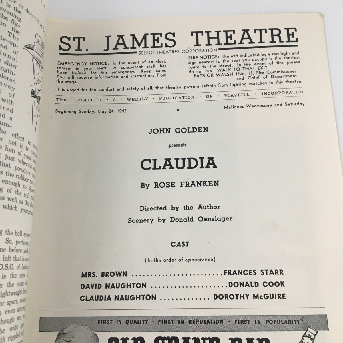 Inside page of the 1942 Playbill for 'Claudia' presenting the production details and cast list at St. James Theatre.