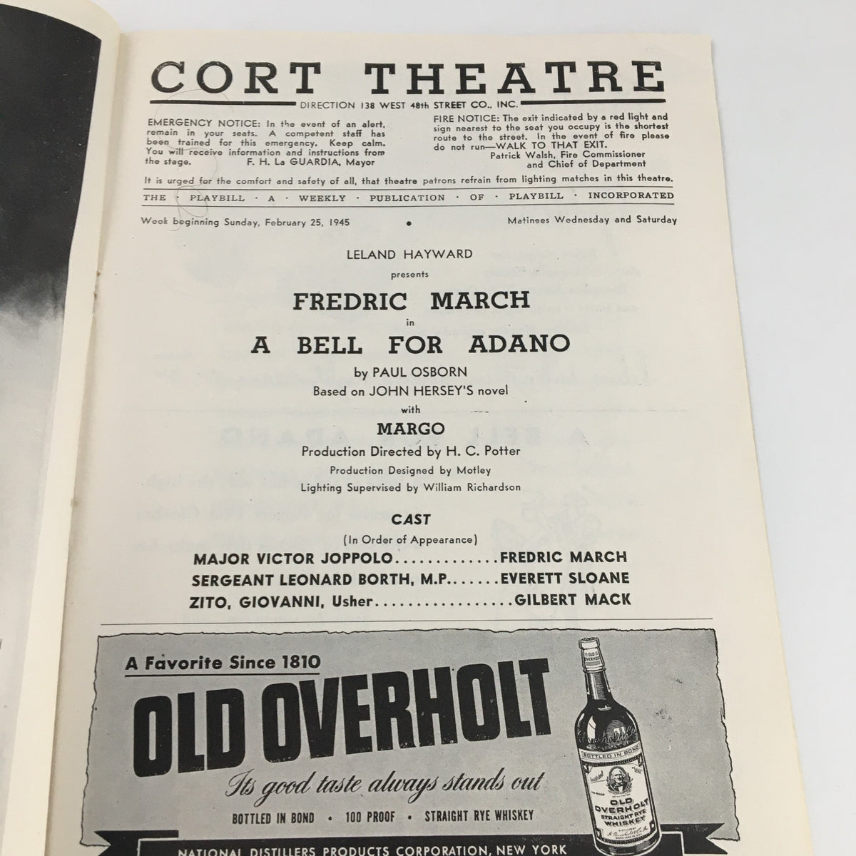 Interior page of the 1945 Playbill for 'A Bell For Adano' showcasing cast details and production credits featuring Fredric March.
