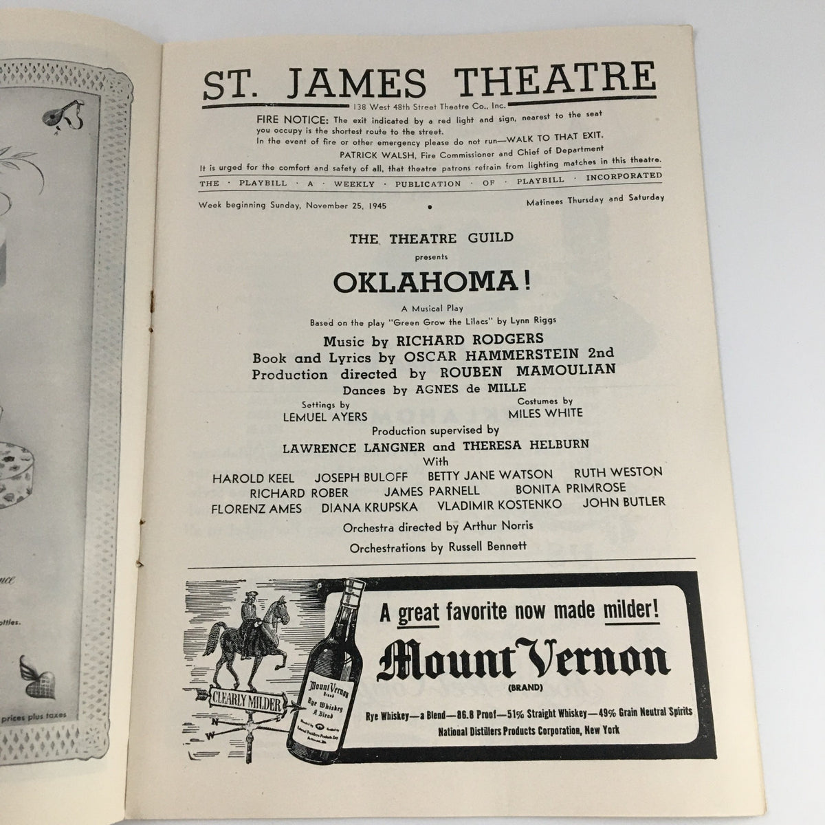 Inside page of the 1945 Playbill for 'Oklahoma' at the St. James Theatre, detailing the production and cast members including Ruth Weston and Harold Keel.