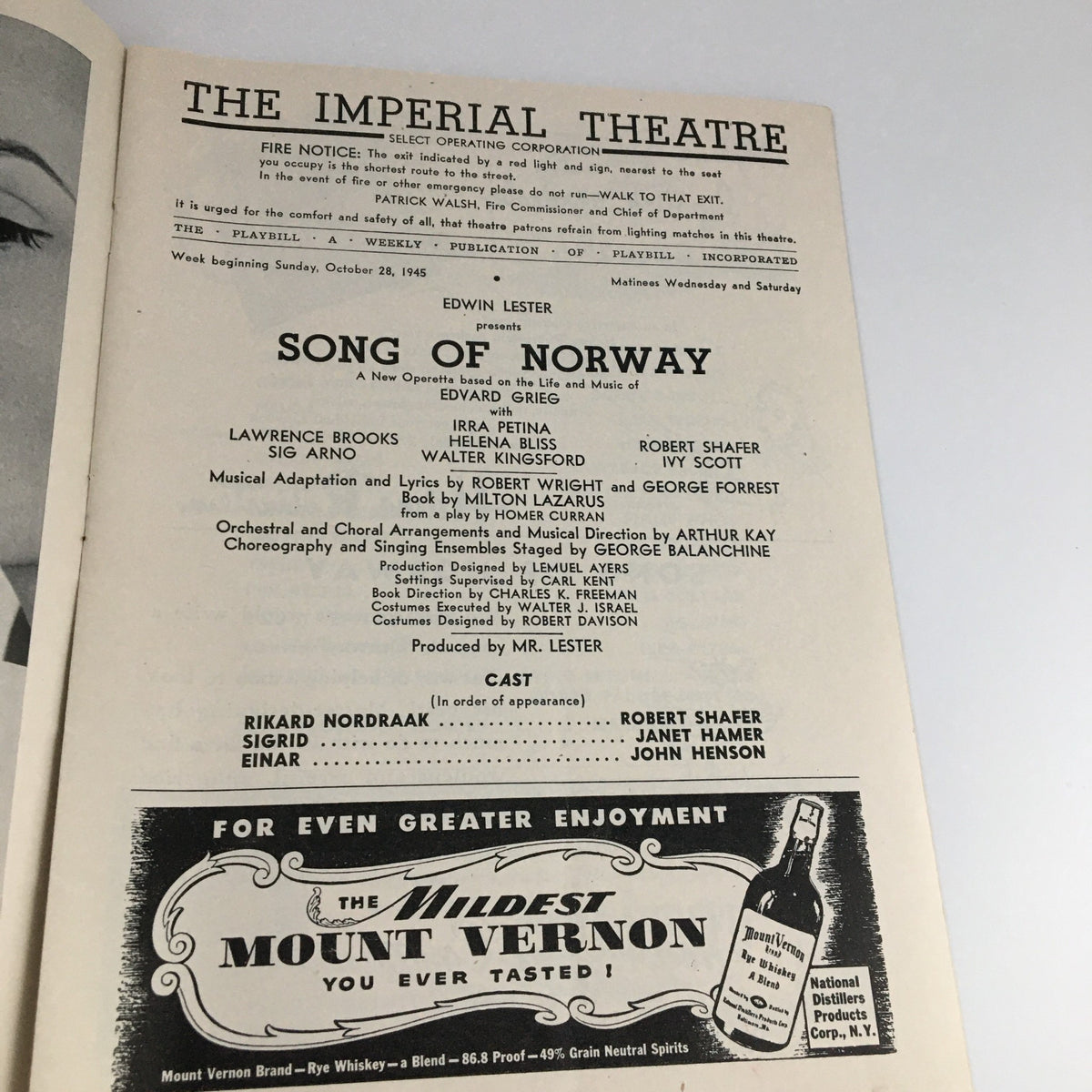 Interior page of the 1945 Playbill for 'Song of Norway' detailing cast and production credits at the Imperial Theatre.