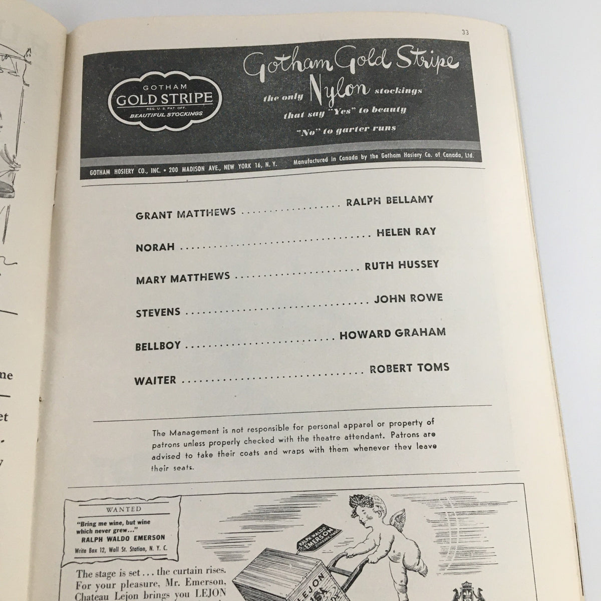 1946 Playbill advertisement page featuring Gotham Gold Stripe nylon stockings, related to the show 'State of the Union' at the Hudson Theatre.