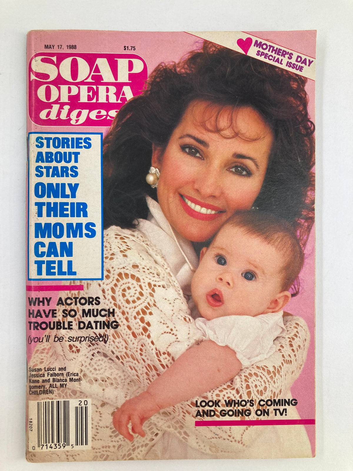 Cover of VTG Soap Opera Digest May 17 1988 featuring a smiling woman holding a baby, celebrating Mother's Day with the headline 'STORIES ABOUT STARS ONLY THEIR MOMS CAN TELL'.