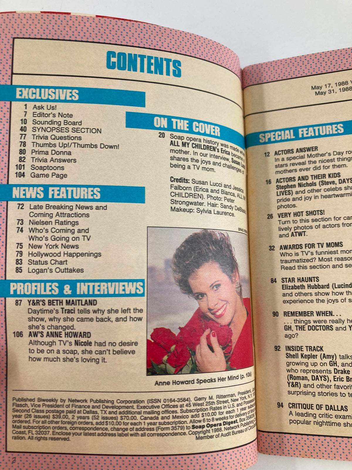 VTG Soap Opera Digest May 17 1988 featuring contents page with articles on Susan Lucci and Jessica Falborn, detailed listings of exclusives and interviews.