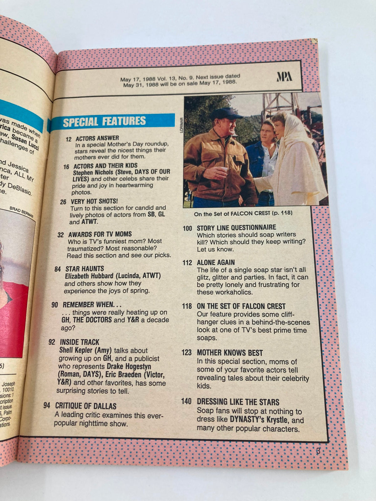 VTG Soap Opera Digest May 17 1988 showcasing special features section discussing actors and their kids, Mother’s Day insights, and behind-the-scenes looks on the set of Falcon Crest.