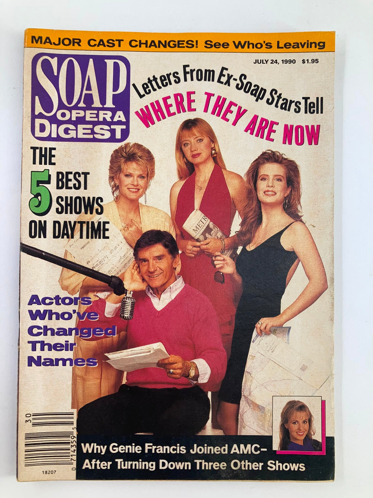VTG Soap Opera Digest July 24, 1990 featuring Don Stewart, Gloria Loring, and other soap opera stars on the cover, discussing major cast changes and exclusive insights.
