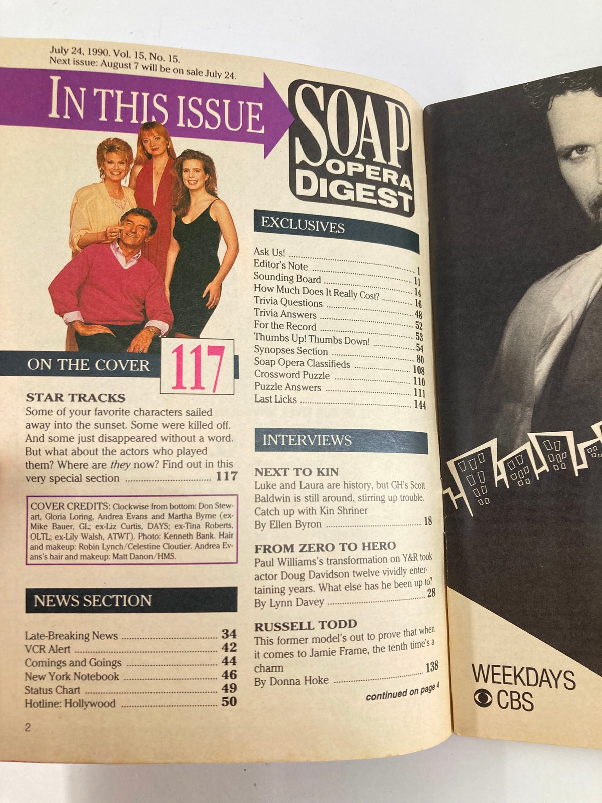 Inside page of the VTG Soap Opera Digest July 24, 1990, showing the table of contents and highlights of features, interviews, and sections dedicated to soap opera news.