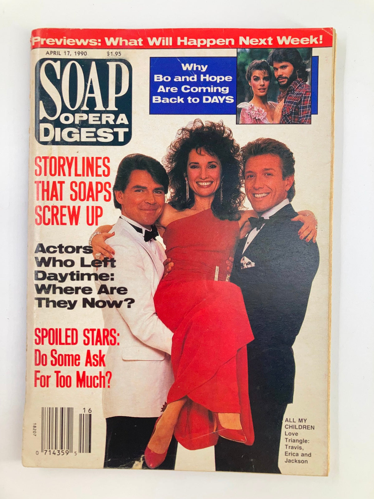 Soap Opera Digest April 17 1990 cover featuring Travis, Erica, and Jackson in a romantic pose, highlighting their captivating love triangle.