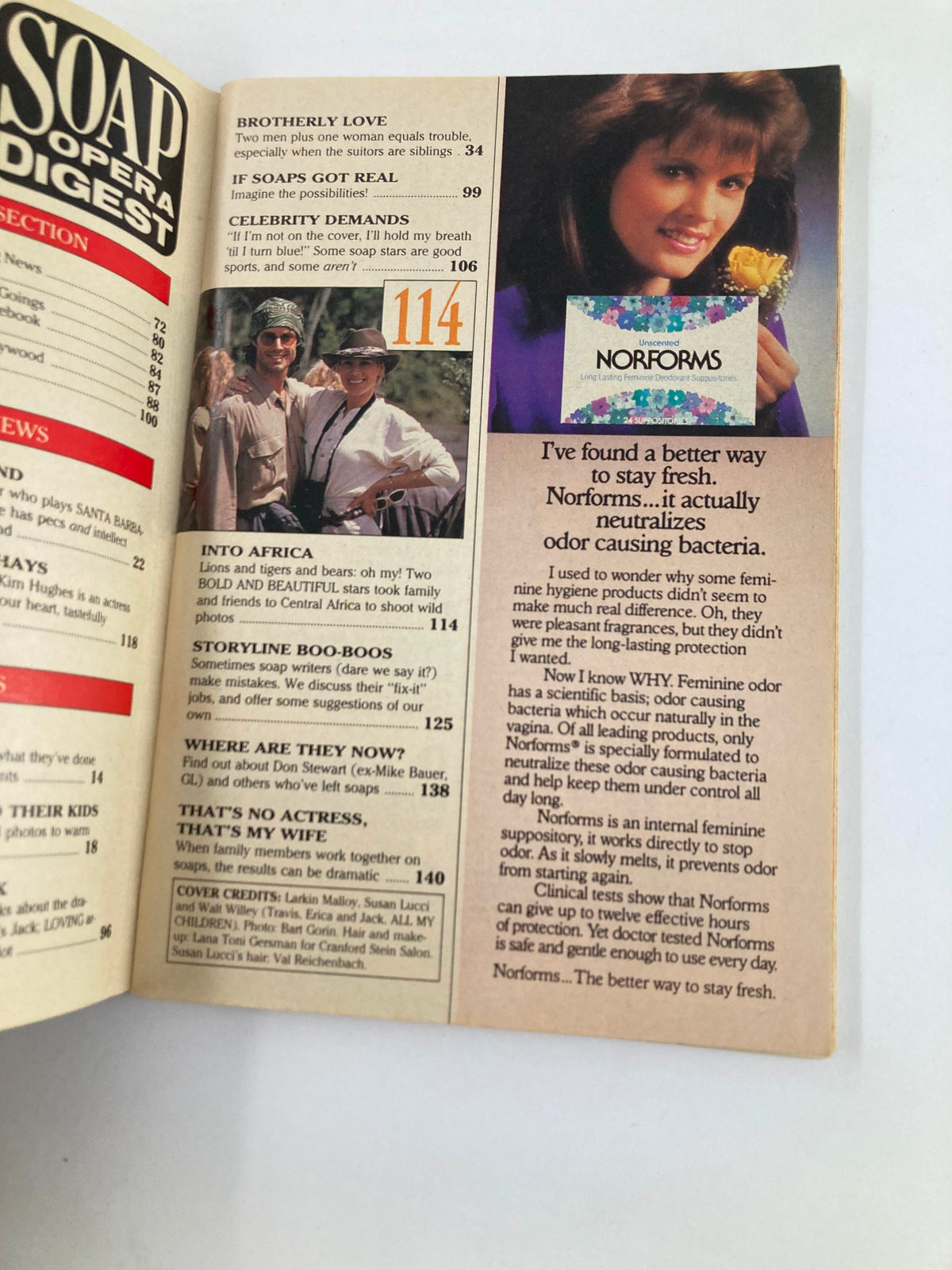 Another inside page of Soap Opera Digest April 17 1990 highlighting various articles, including an advertisement for feminine hygiene products and soap opera features.