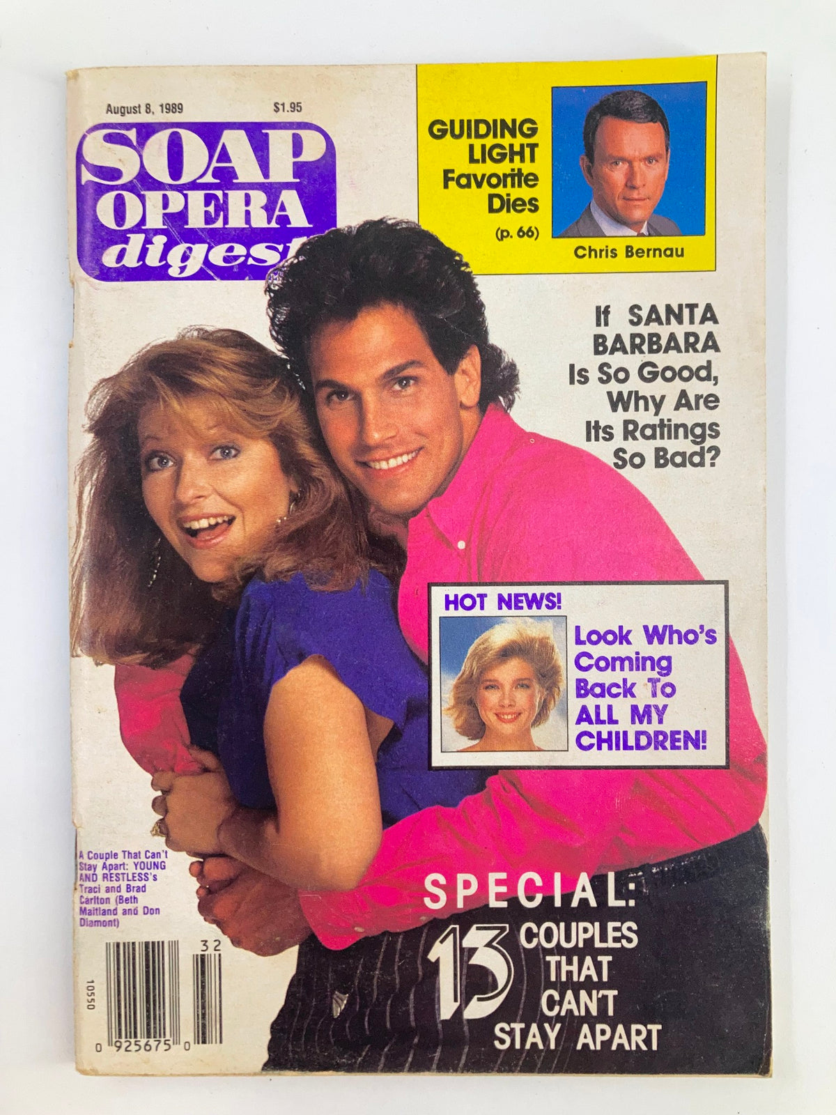 VTG Soap Opera Digest August 8 1989 cover featuring Beth Maitland and Don Diamont, showcasing nostalgic elements from the late 1980s soap opera era, including articles about popular daytime dramas.