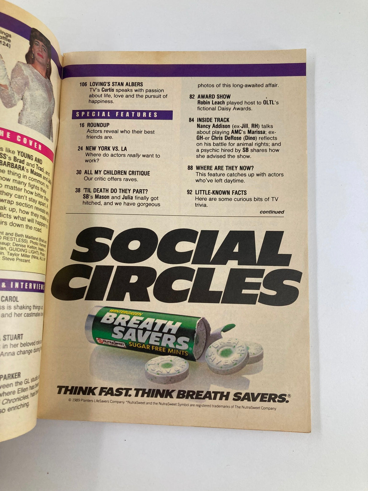 Another interior page from the August 8, 1989 issue of Soap Opera Digest, highlighting special features and advertisements, including Breath Savers mints. The page provides insights into the soap operas and actors of that era.