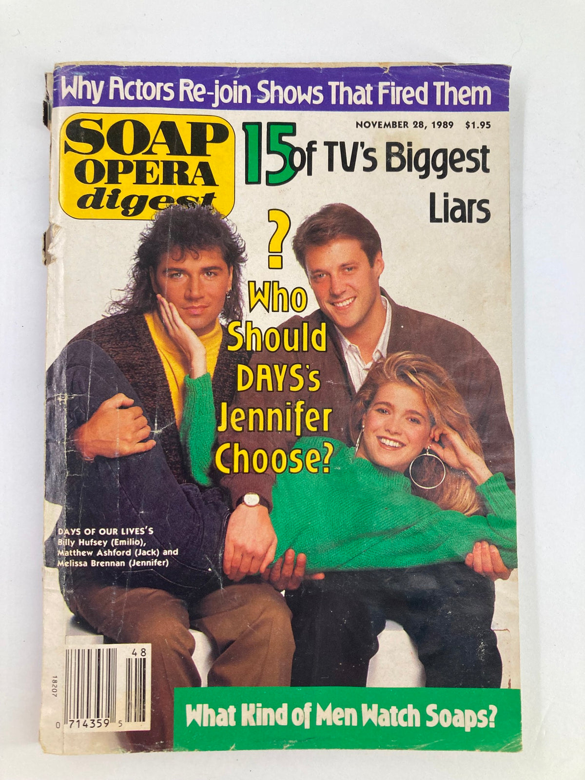 Cover of VTG Soap Opera Digest November 28 1989 featuring Bill Hufsey, Matthew Ashford, and Melissa Brennan, highlighting the top TV liars and a dramatic love storyline.