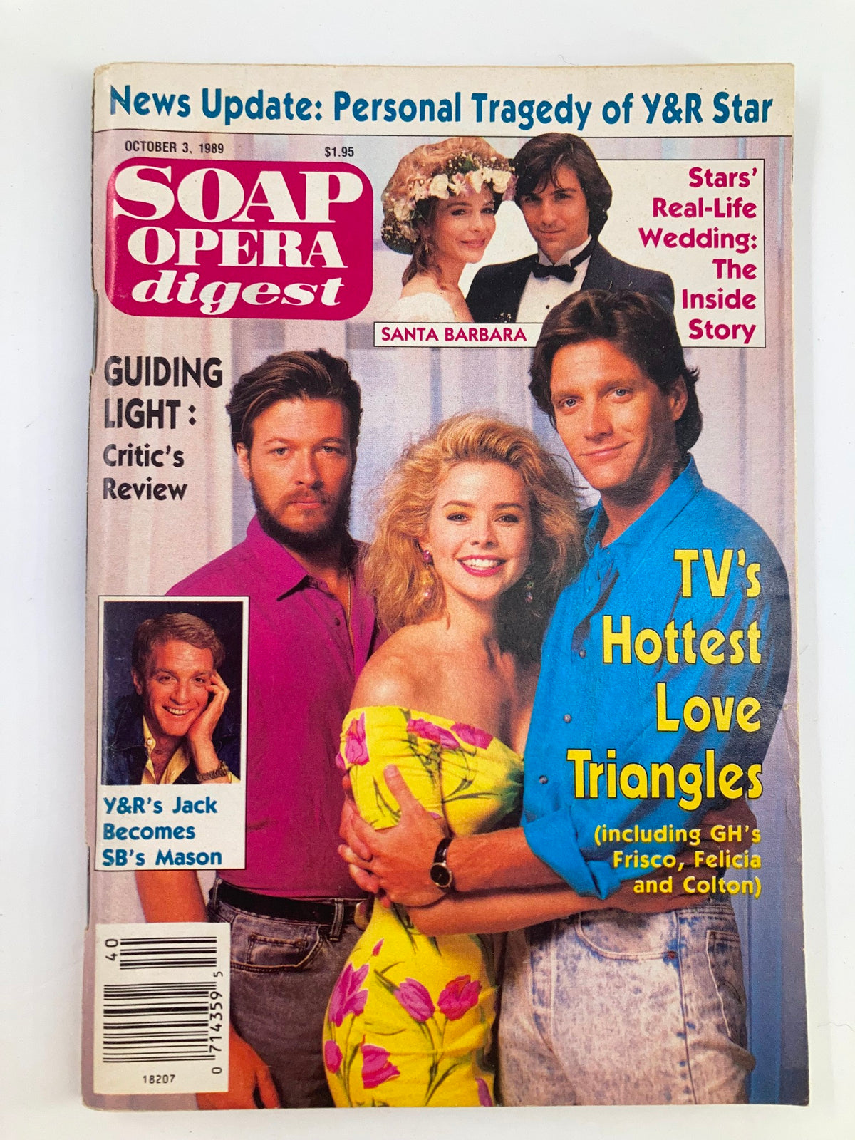 VTG Soap Opera Digest October 3 1989 featuring Jack Wagner and Kristina Malandro on the cover, showcasing TV's hottest love triangles and news on popular soap operas.