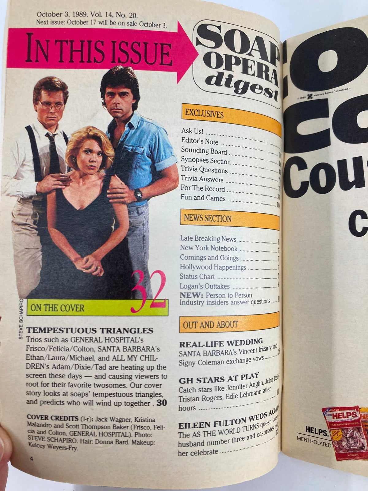 Inside page of VTG Soap Opera Digest October 3 1989, displaying features on love triangles from popular soap operas with images of actors and section highlights.