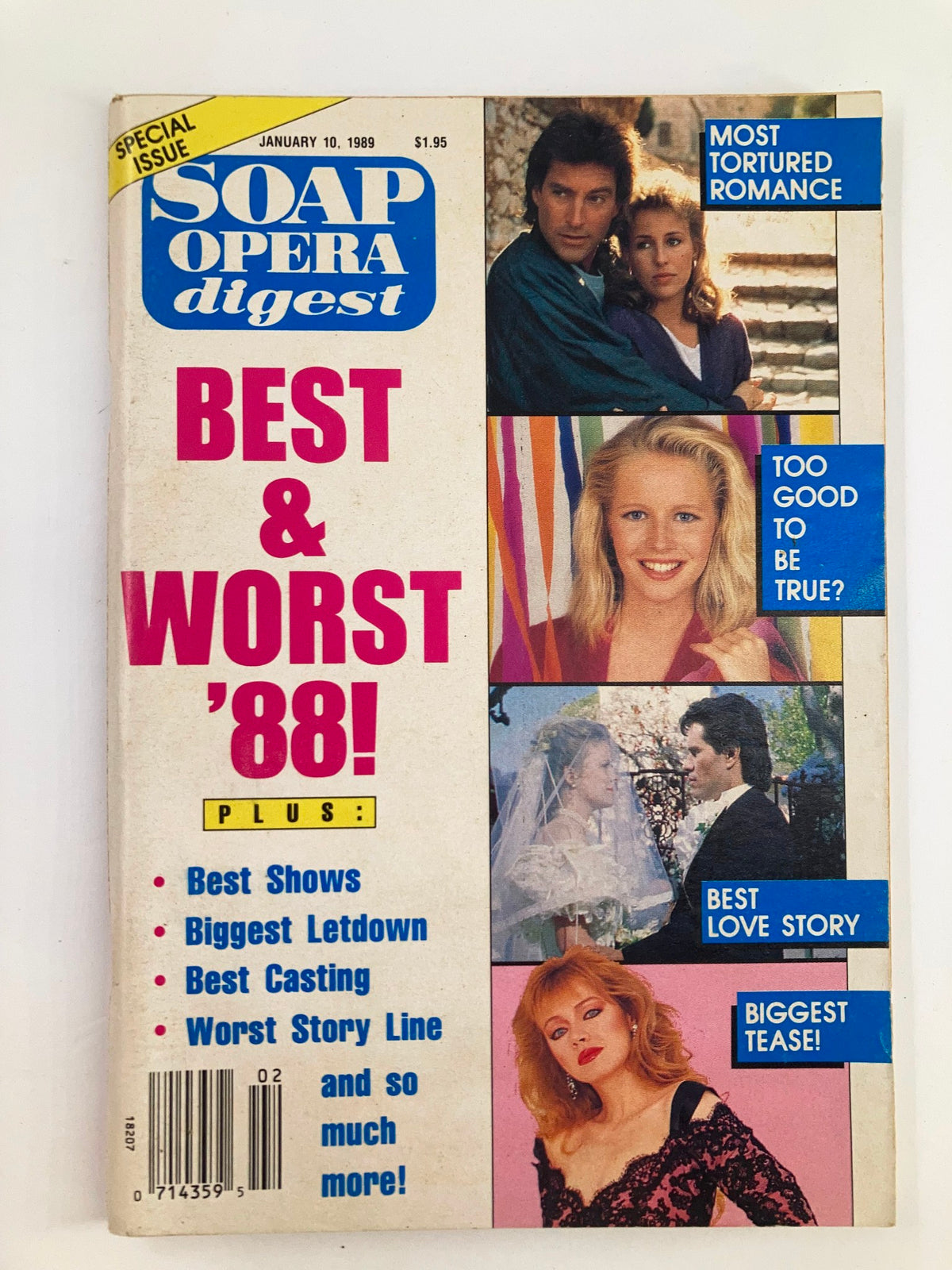 VTG Soap Opera Digest January 10 1989 cover featuring Drake Hogestyn and Genie Francis, highlighting the best and worst of 1988 in soap opera shows.