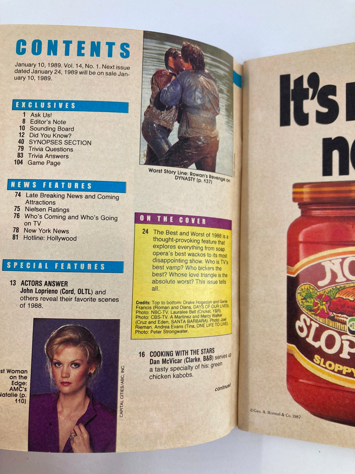 Page from VTG Soap Opera Digest January 10 1989 showcasing contents including featured scenes and significant storylines in the soap opera industry.