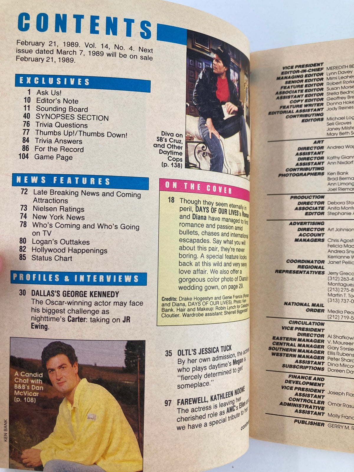 Contents page of the vintage magazine 'Soap Opera Digest February 21, 1989' featuring listings of articles, news features, and profiles, with a photo of Drake Hogestyn.