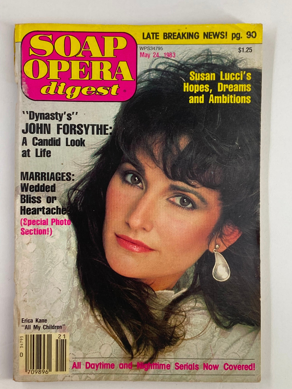Cover of the vintage Soap Opera Digest magazine dated May 24, 1983, featuring Erica Kane from 'All My Children.' Includes headlines about John Forsythe and Susan Lucci and highlights from the soap opera world.