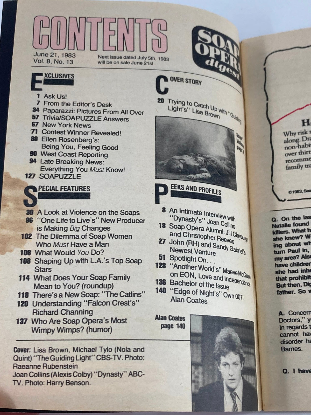 Table of contents for VTG Soap Opera Digest June 21 1983, listing articles and features related to soap operas and cast members.