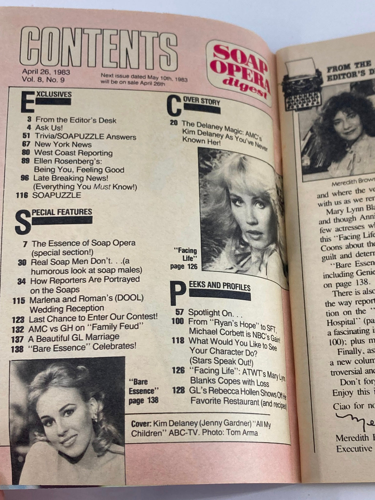 Contents page of VTG Soap Opera Digest from April 26, 1983, displaying article headings including cover story about Kim Delaney, with pictures and topics related to soap operas.