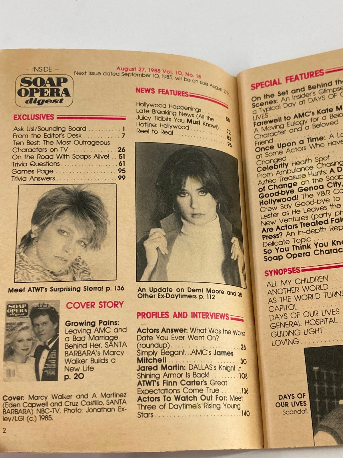 Inside page of the VTG Soap Opera Digest August 27 1985, displaying contents and profiles of featured stars, including Marcy Walker.