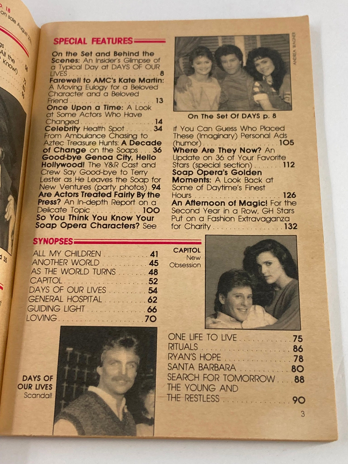 Another inside page of the VTG Soap Opera Digest August 27 1985, showcasing special features and soap opera synopses.
