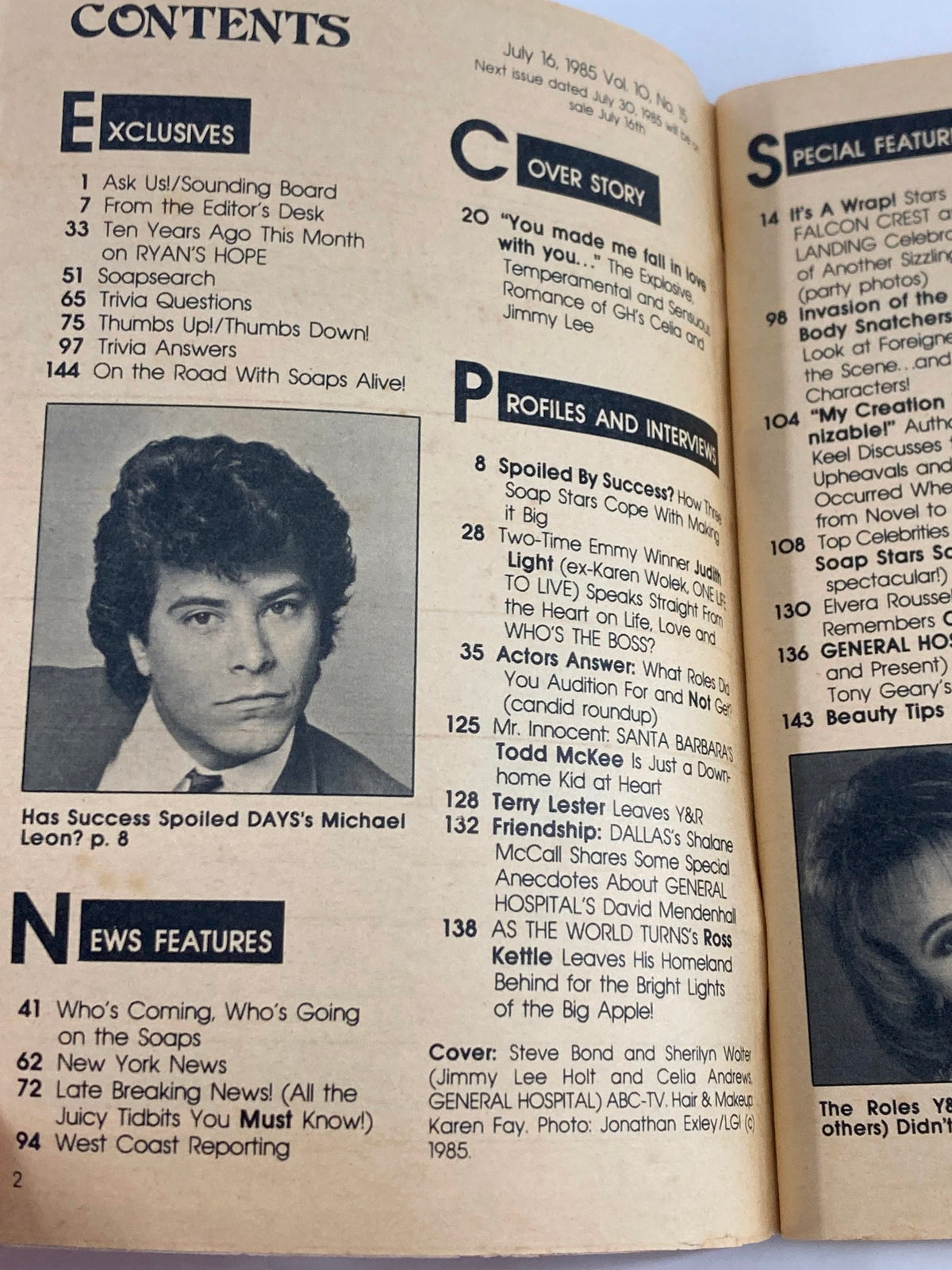 Contents page of the July 16, 1985 Soap Opera Digest magazine showing the magazine's structure with exclusive features and profiles of soap stars, including an article about why Terry Lester is leaving Y&R.