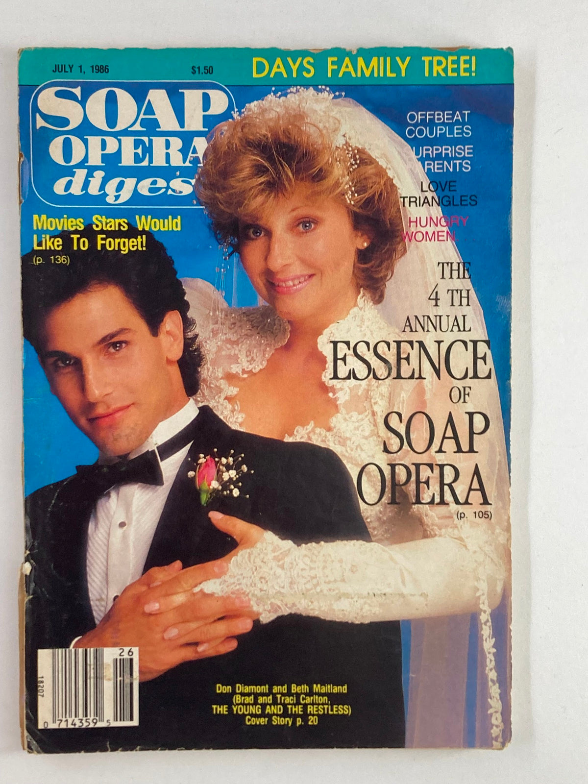 Cover of VTG Soap Opera Digest July 1 1986 featuring Don Diamont and Beth Maitland in wedding attire, capturing the charm of vintage soap opera culture.