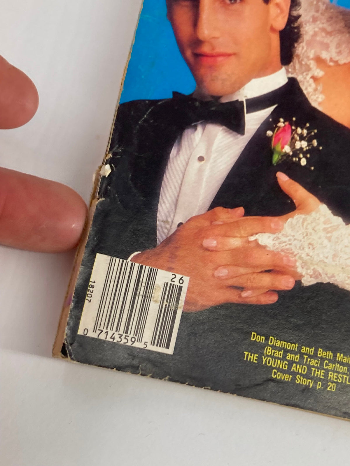 Detail shot of the spine and barcode of the VTG Soap Opera Digest July 1 1986, highlighting the vintage publication's condition and authenticity.