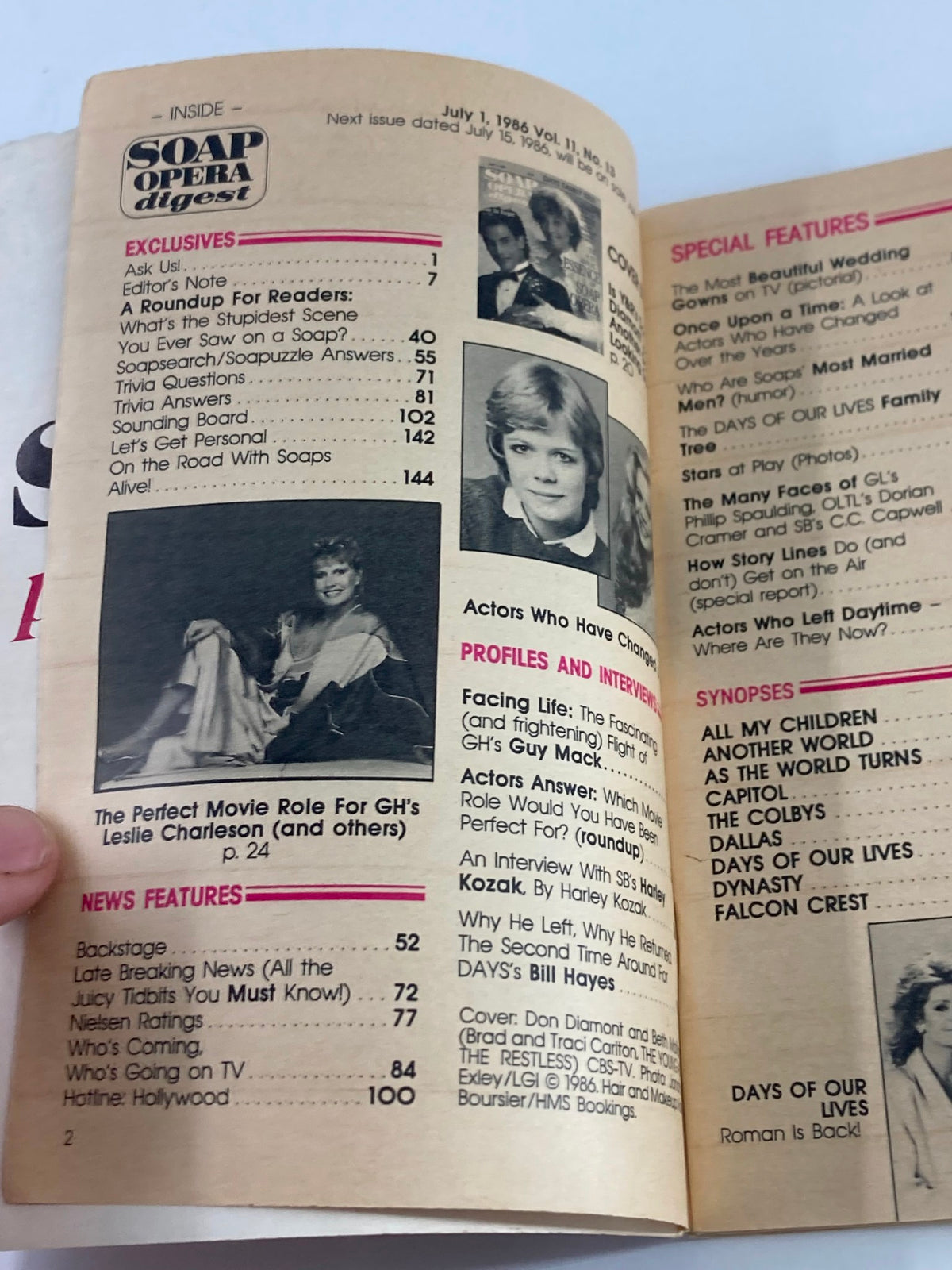 Inside page of VTG Soap Opera Digest July 1 1986, showcasing the table of contents, featuring various articles and interviews about popular soap operas.