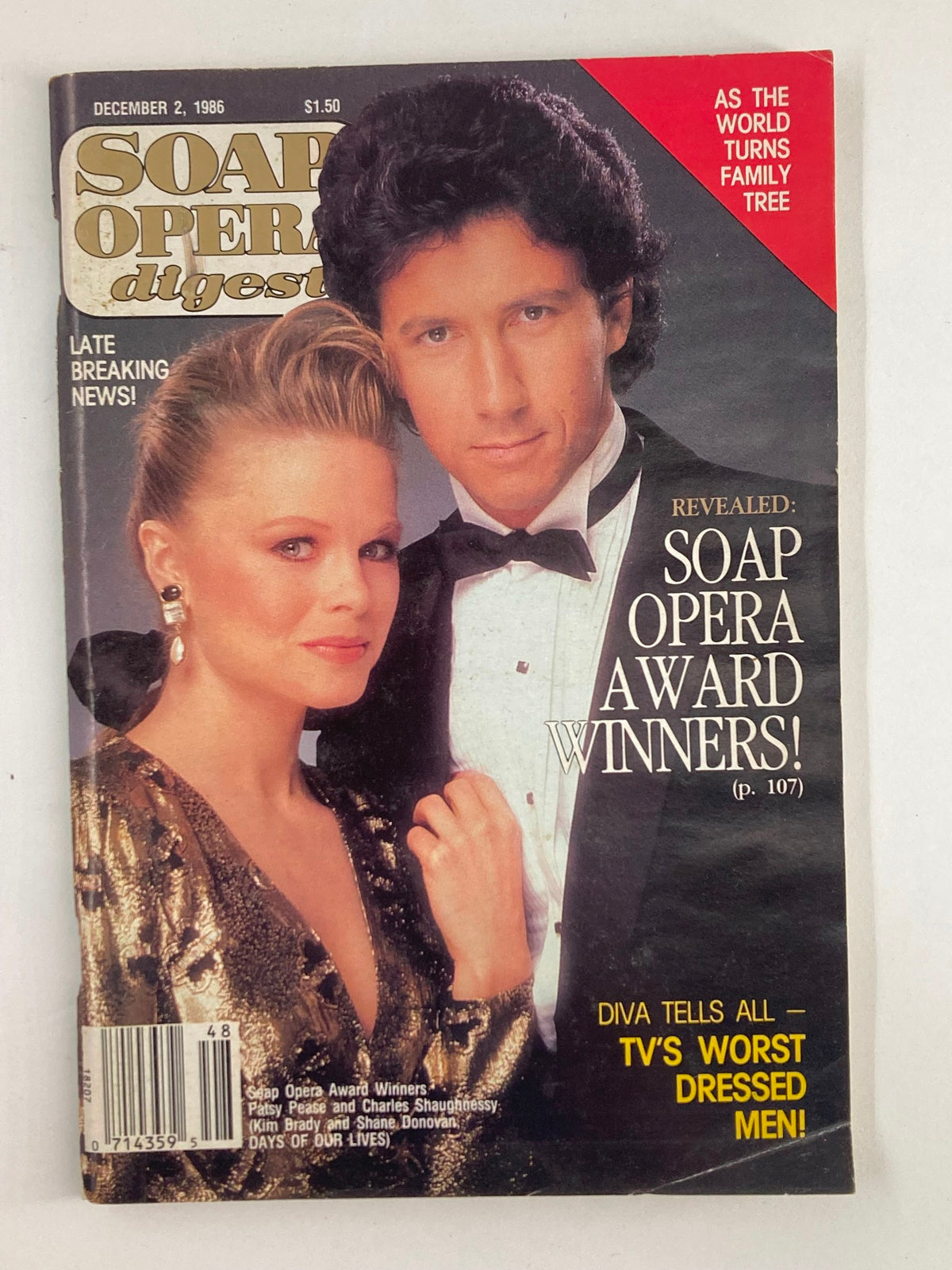 VTG Soap Opera Digest December 2 1986 featuring Patsy Pease and Charles Shaughnessy on the cover, highlighting Soap Opera Award winners.