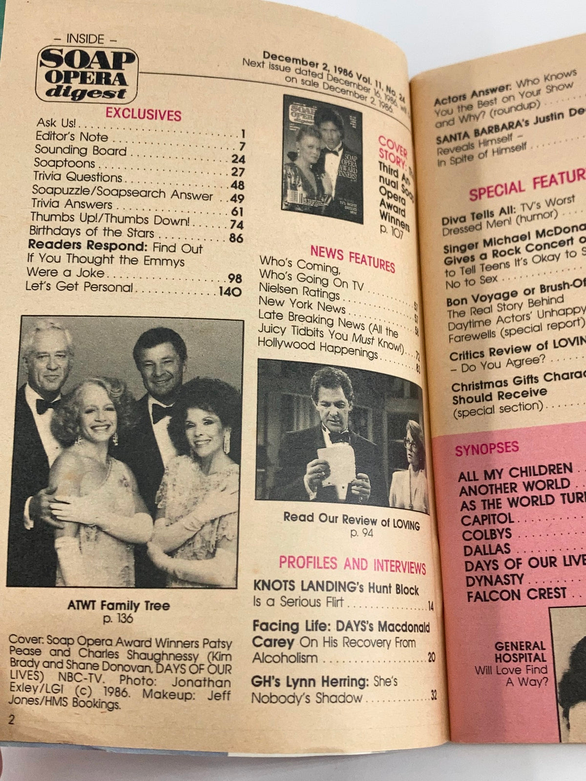 Interior page of the VTG Soap Opera Digest December 2 1986 showing table of contents and features, including profiles and interviews.