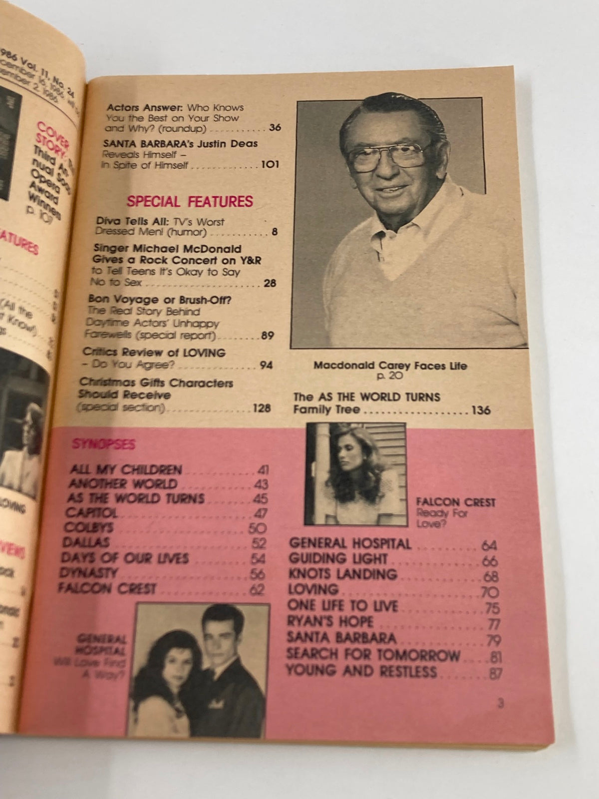 Another interior page of the VTG Soap Opera Digest December 2 1986 showcasing special features and synopses of various soap operas.