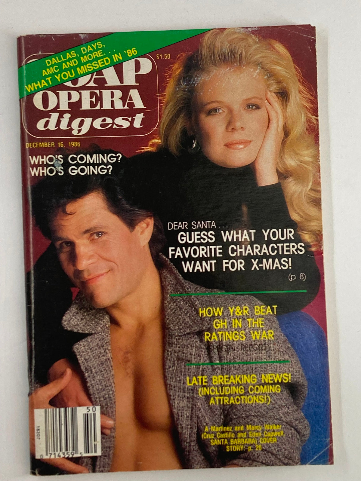VTG Soap Opera Digest December 16 1986 featuring A Martinez and Marcy Walker on the cover, highlighting soap opera themes and nostalgic artwork from the golden era of daytime television.