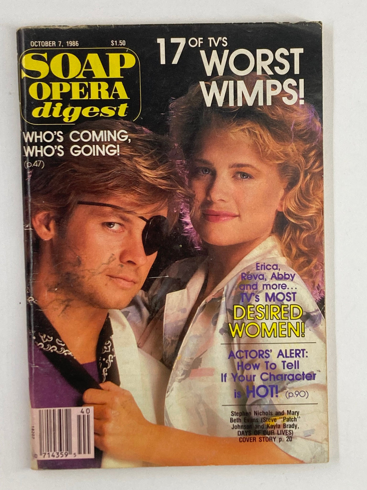 VTG Soap Opera Digest October 7 1986 featuring a cover story on Stephen Nichols and Mary Beth Evans, with bold text highlighting '17 of TV's Worst Wimps!' and additional details about soap opera characters and actors.