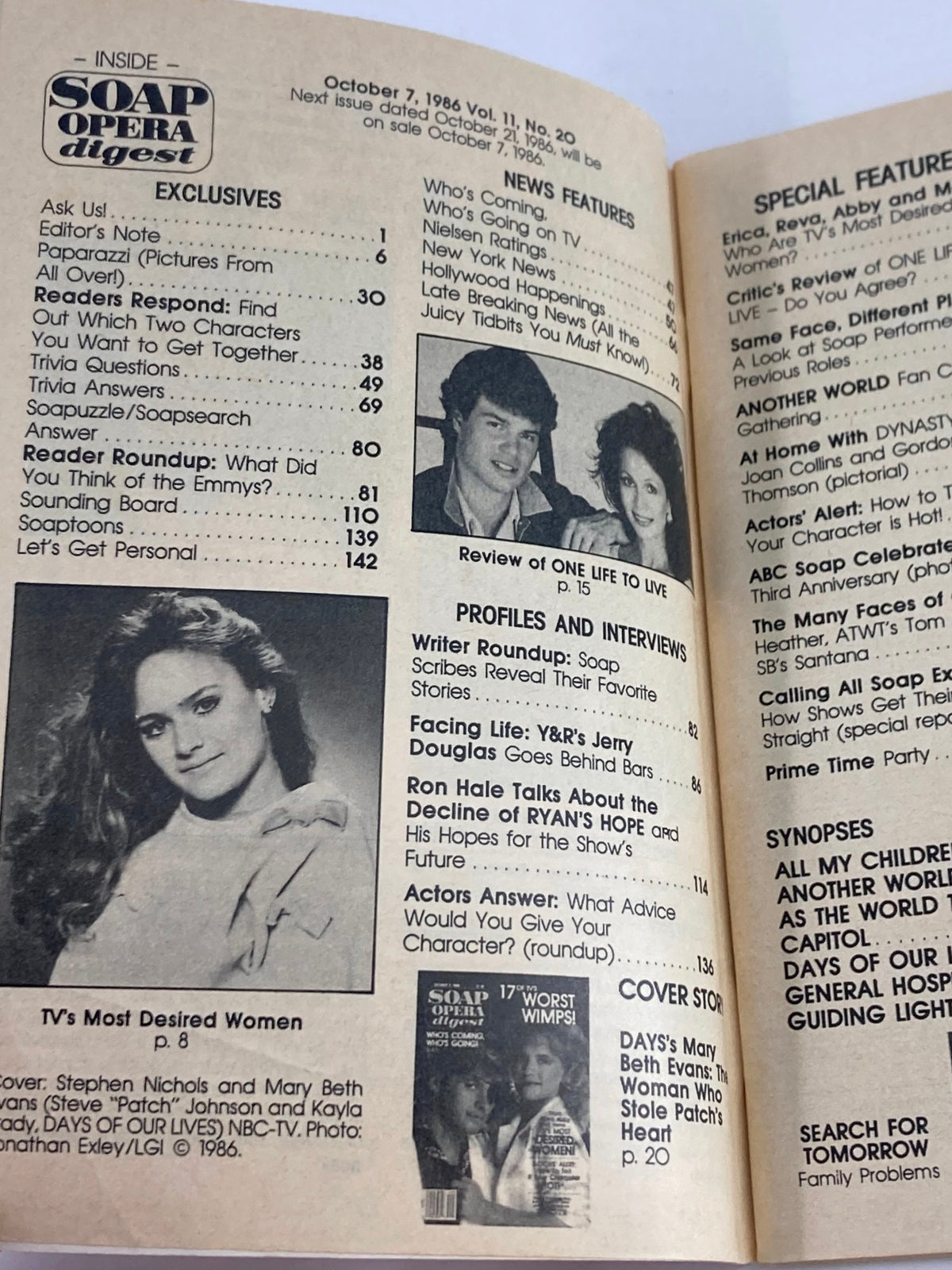 Inside page of VTG Soap Opera Digest October 7 1986 showing the feature articles and profiles, including a section on TV's Most Desired Women.