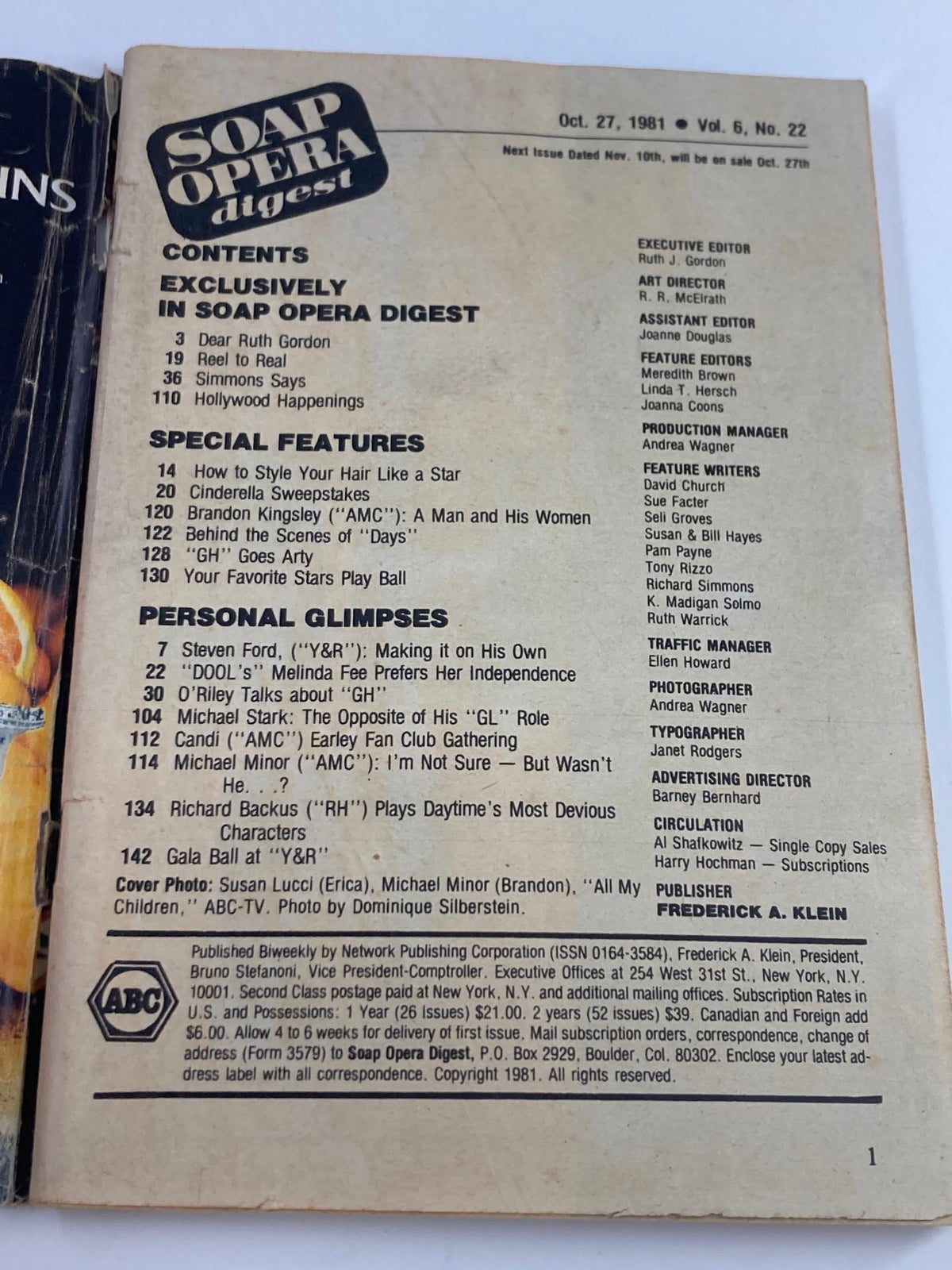 Inside contents page of VTG Soap Opera Digest October 27 1981, listing articles and features about popular soap operas.