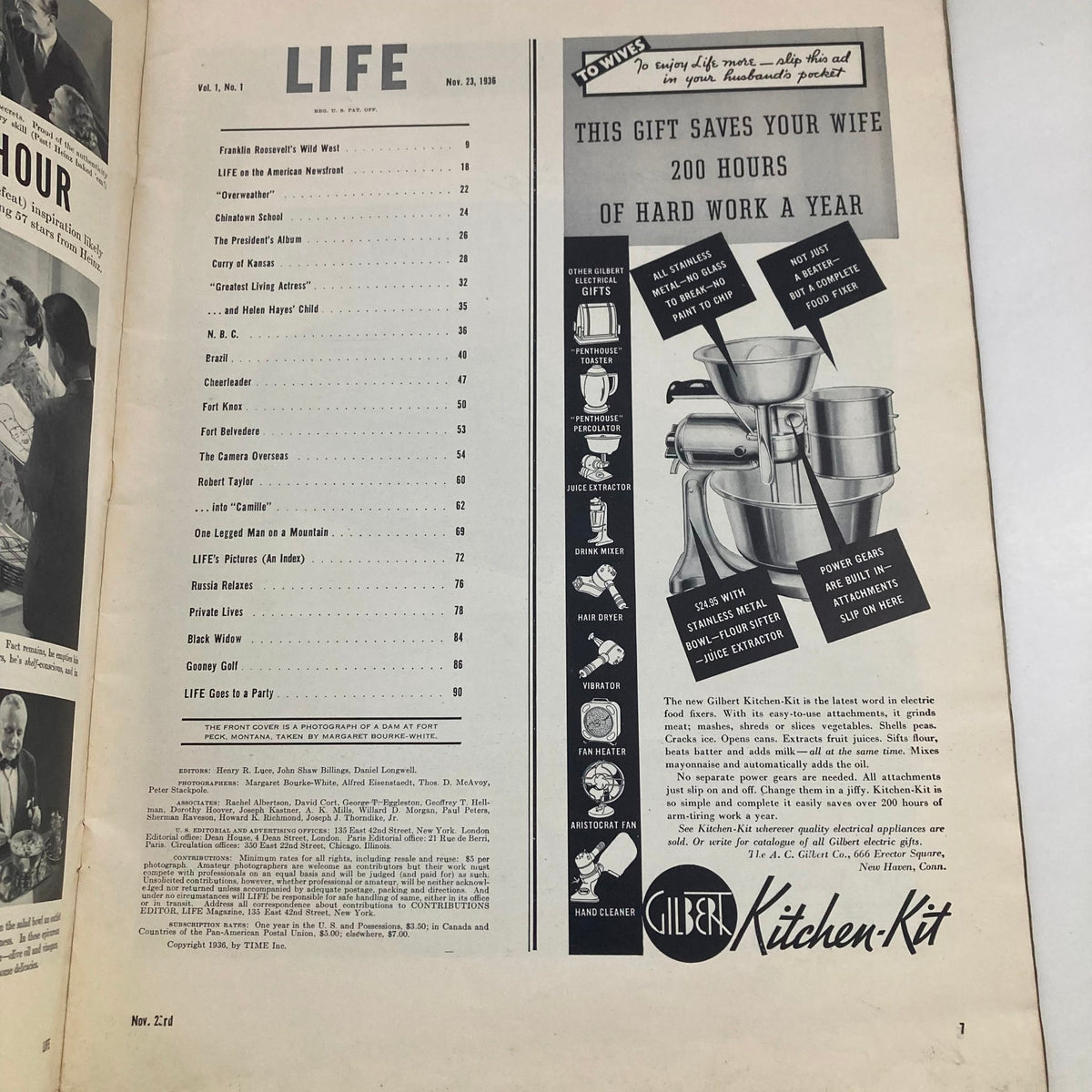 Interior page of VTG Life Magazine from November 23, 1936, Volume 1, No. 1, showcasing the table of contents and advertisements, including the Gilbert Kitchen-Kit.