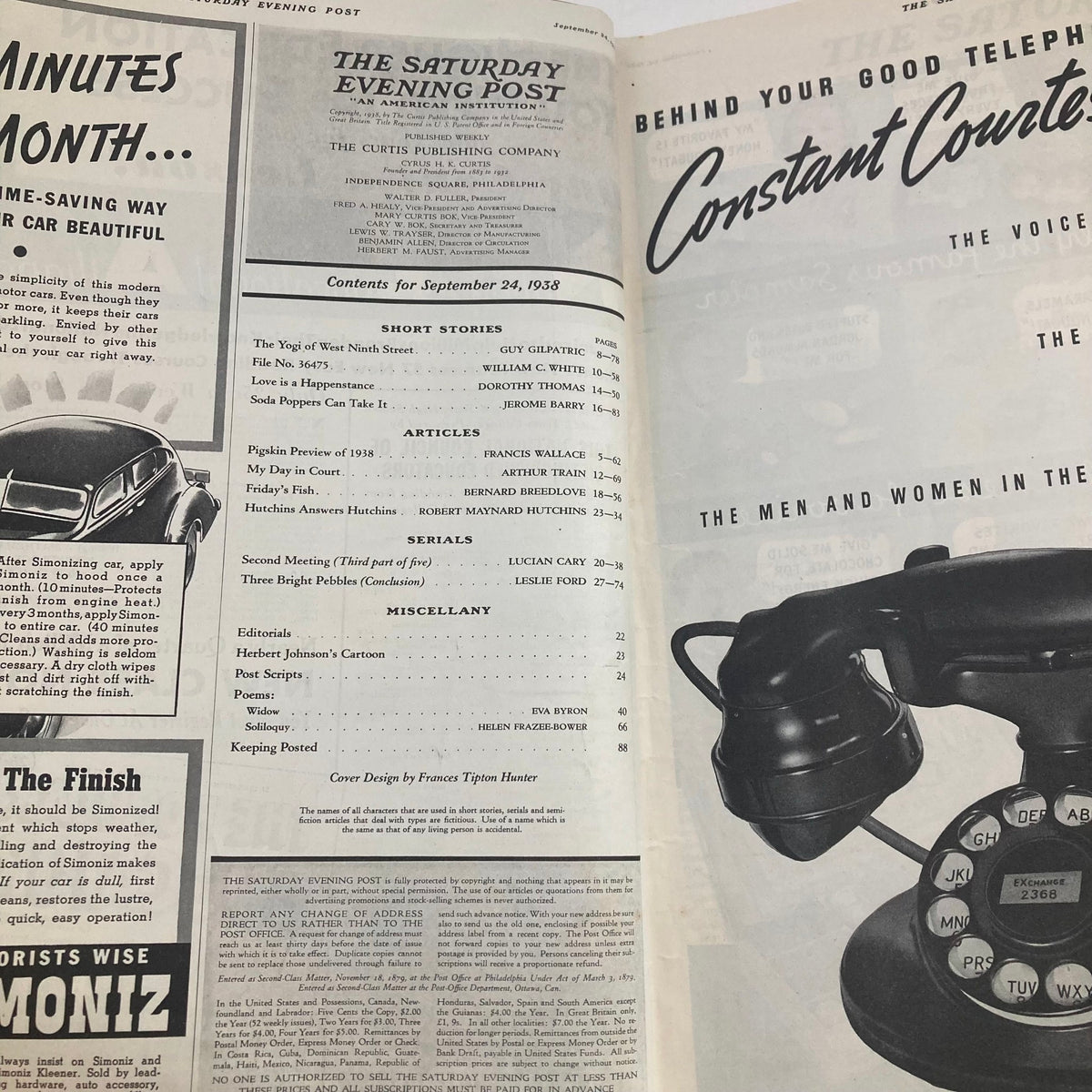 Interior page of The Saturday Evening Post September 24, 1938, displaying the table of contents and highlights of articles and stories.