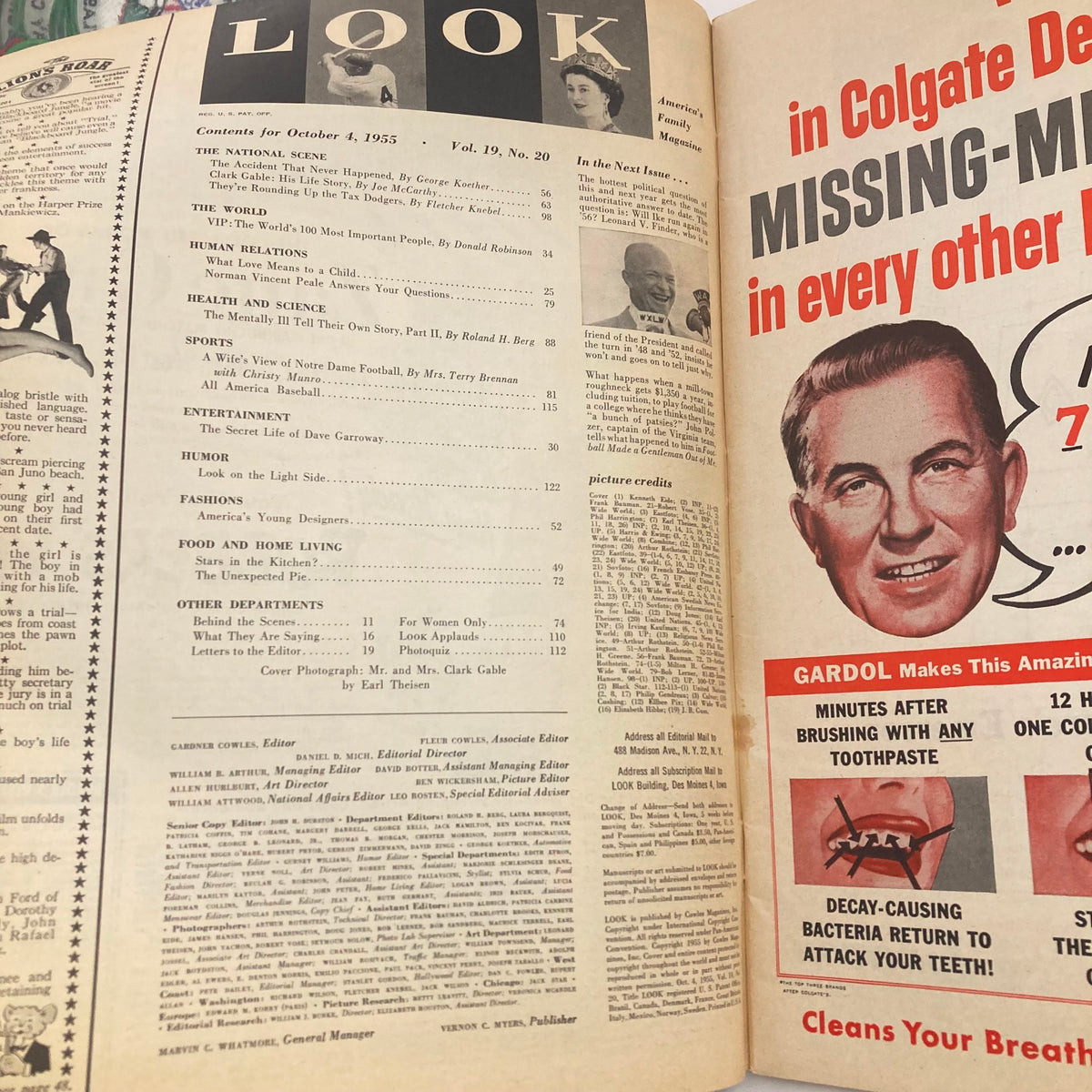 Table of contents from VTG Look Magazine, October 4 1955, Vol 19 No. 20 featuring articles on health, fashion, sports, and entertainment.