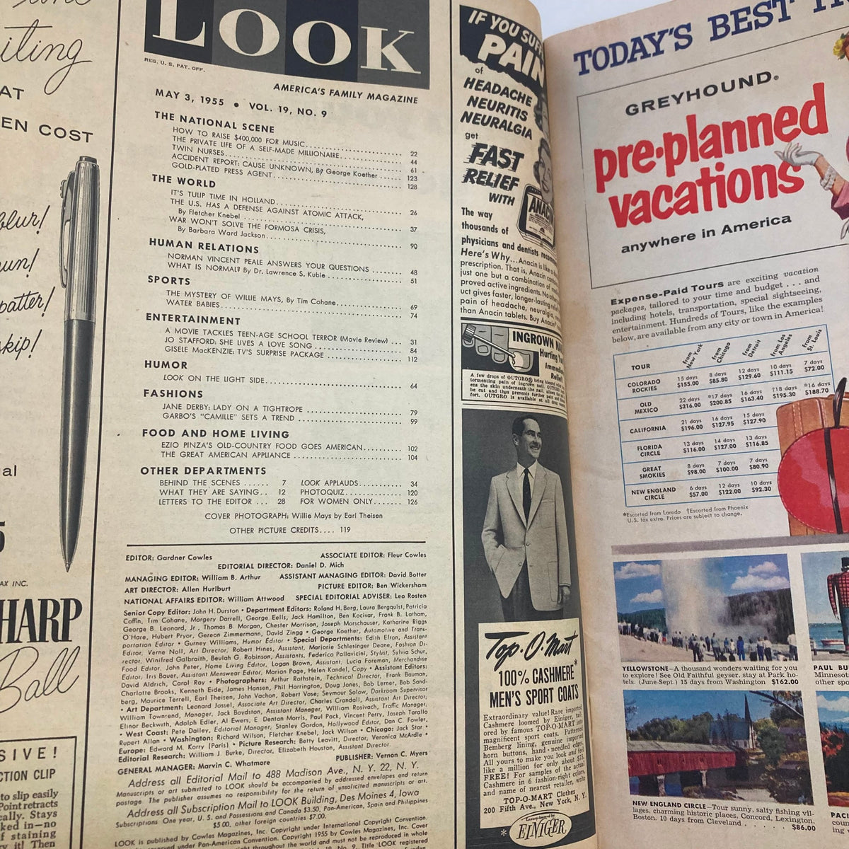 Table of contents from the VTG Look Magazine May 3 1955 Vol 19 No 9 featuring articles including 'The Mystery of Willie Mays' and more.