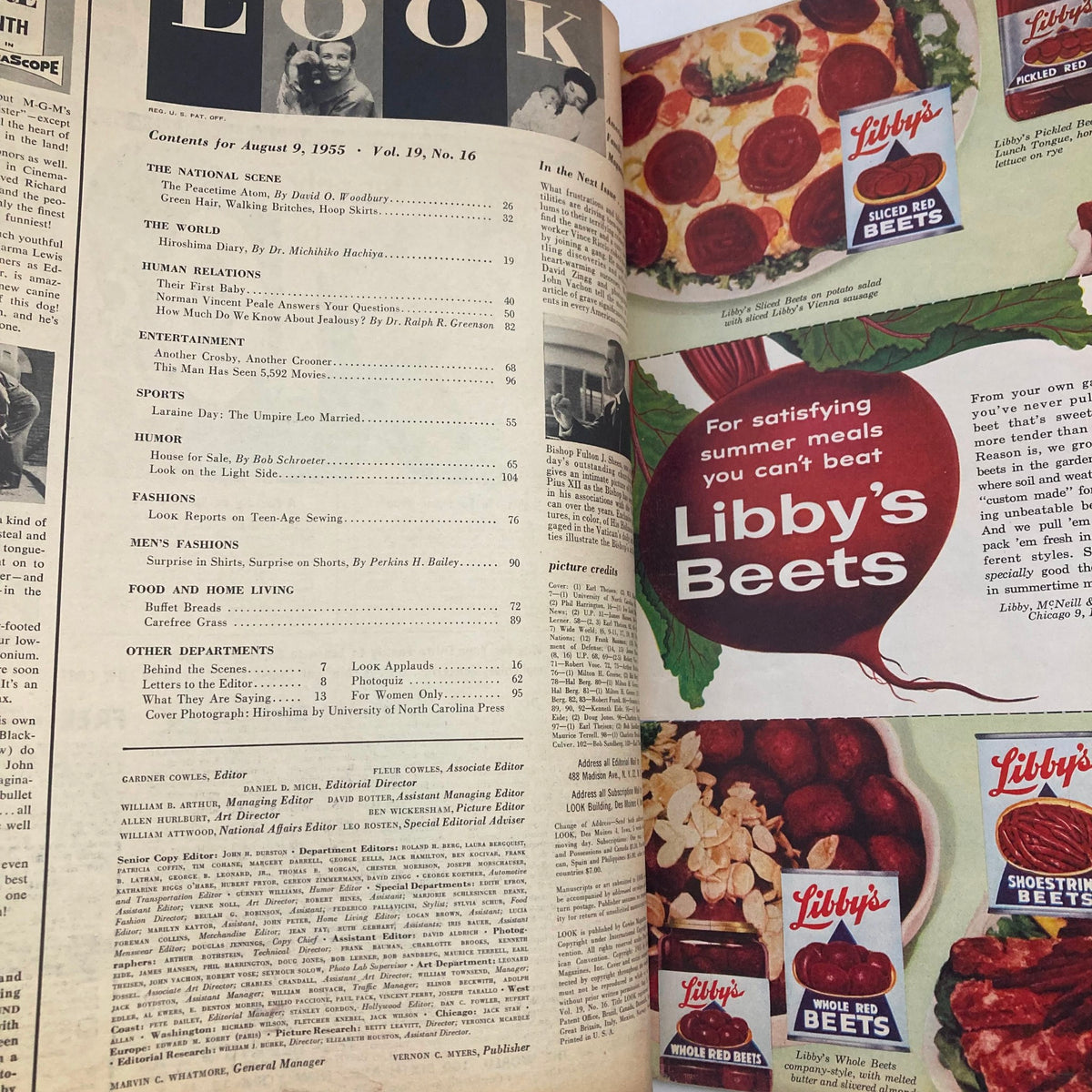 Inside page of VTG Look Magazine August 9, 1955, Vol 19 No. 16 showcasing the table of contents including articles on Hiroshima, fashion, and modern human relationships.