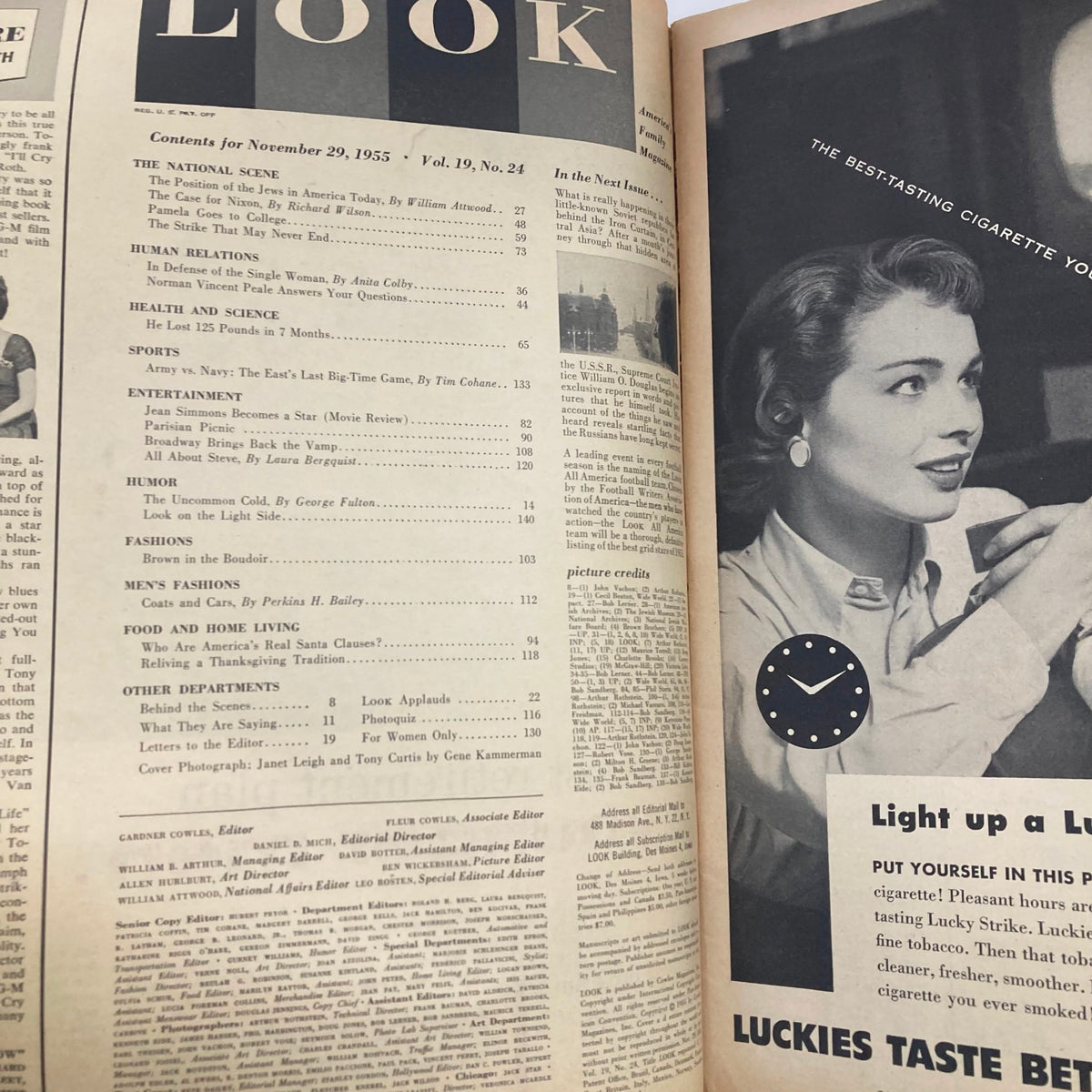 Inside content page of VTG Look Magazine November 29 1955 showcasing articles including 'The National Scene', 'Human Relations', and features on Hollywood stars.