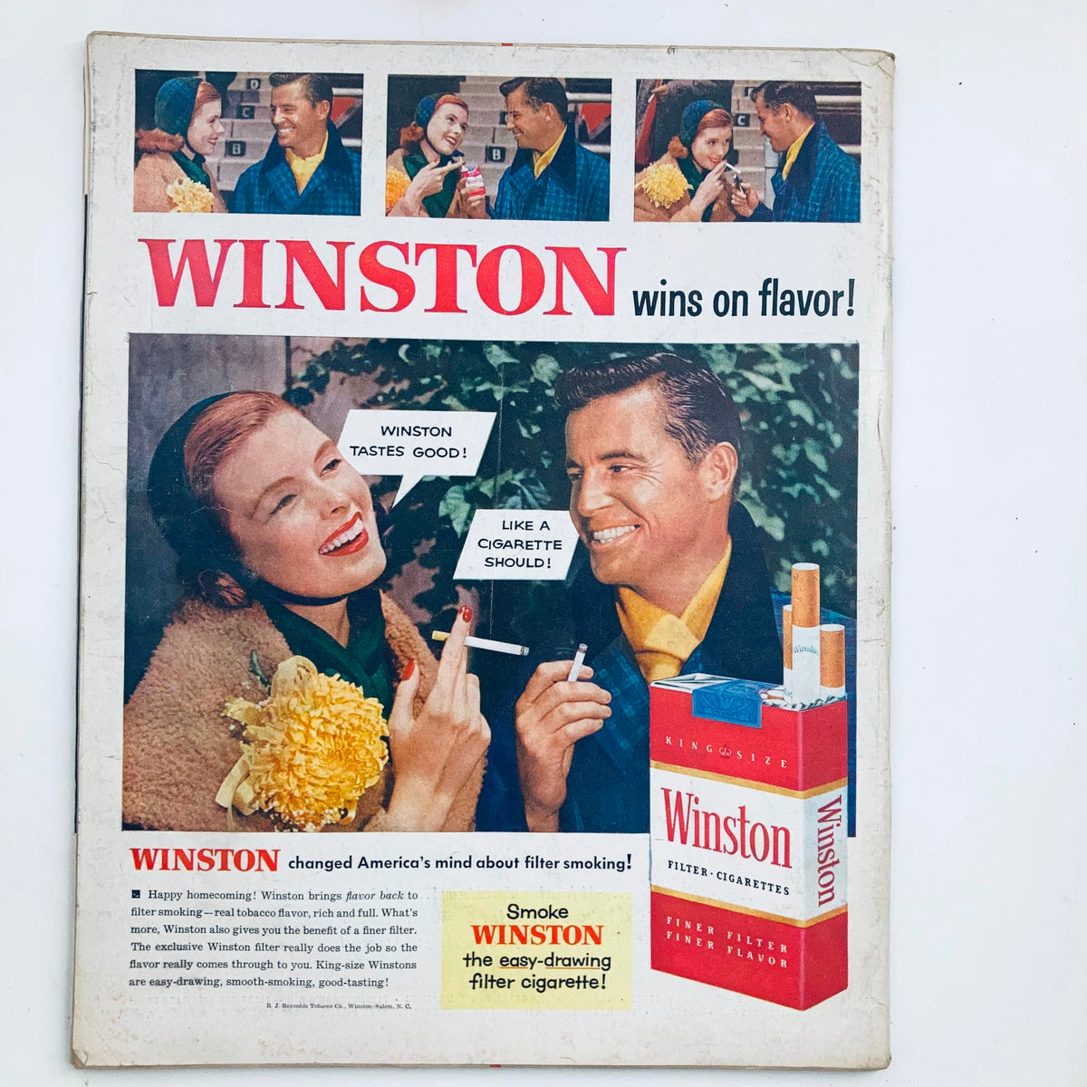 Back cover of VTG Look Magazine November 29 1955 featuring a colorful advertisement for Winston cigarettes with a couple enjoying their time.